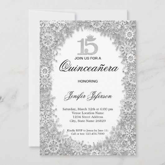 Glitter Silver winter Quinceanera Uitnodiging (Voorkant)