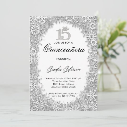 Glitter Silver winter Quinceanera Uitnodiging (Staand voorkant)