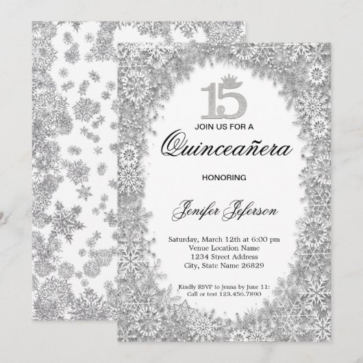 Glitter Silver winter Quinceanera Uitnodiging (Voorkant / Achterkant)