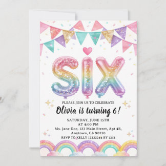 Glitter SIX Girly Rainbow Sequin 6th Birthday Kaart