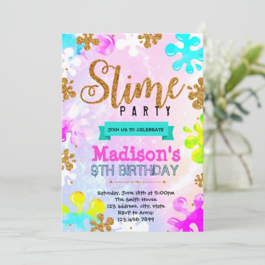 Glitter slijm verjaardagsuitnodiging kaart (Staand voorkant)