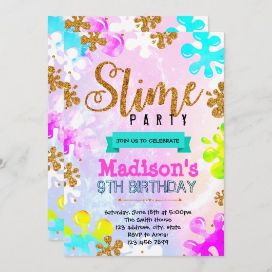 Glitter slijm verjaardagsuitnodiging kaart (Voorkant / Achterkant)