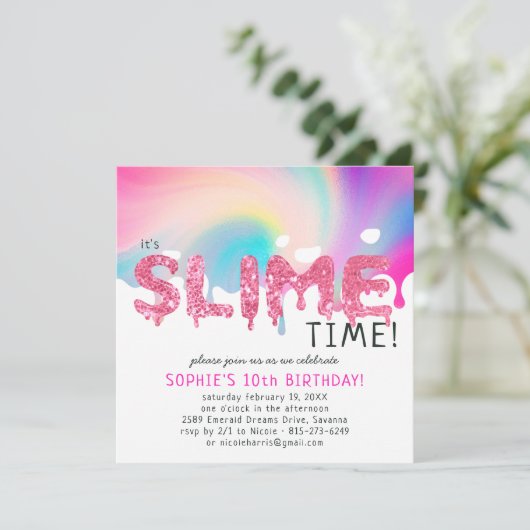 Glitter Slime Birthday Party Invitation Kaart (Staand voorkant)