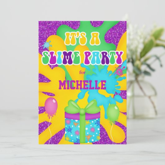 Glitter Slime Kleurrijke Verjaardagsfeestuitnodigi Kaart (Staand voorkant)