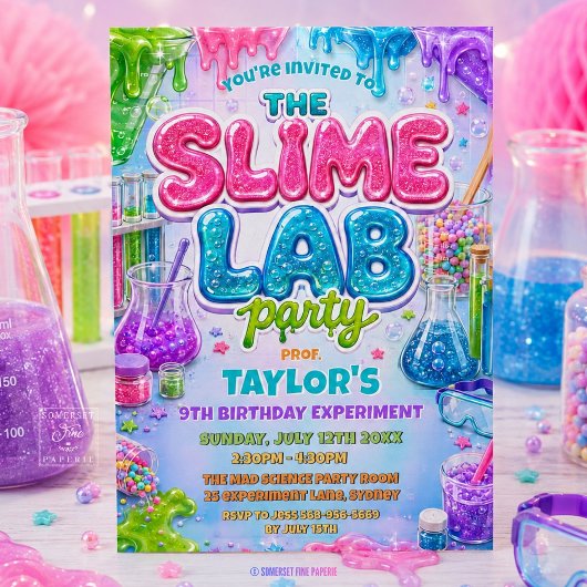 Glitter Slime Science Lab Verjaardagsfeestje Kaart