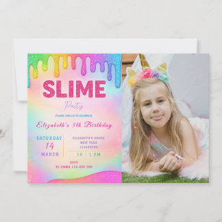 Glitter Slime verjaardagsuitnodiging met foto Kaart