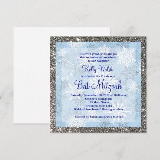 Glitter Sneeuwvlokken Winter Bat Mitzvah Uitnodigi Kaart (Voorkant / Achterkant)