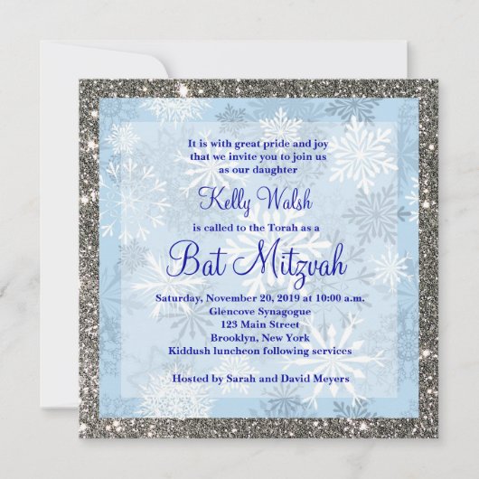 Glitter Sneeuwvlokken Winter Bat Mitzvah Uitnodigi Kaart (Voorkant)