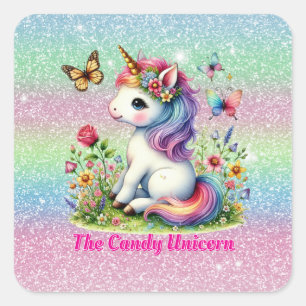 Glitter snoep eenhoorn weide wilde bloemen  vierkante sticker