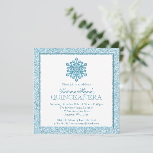 Glitter Snowflake Blauwgroen Quinceanera Winter In Kaart (Staand voorkant)