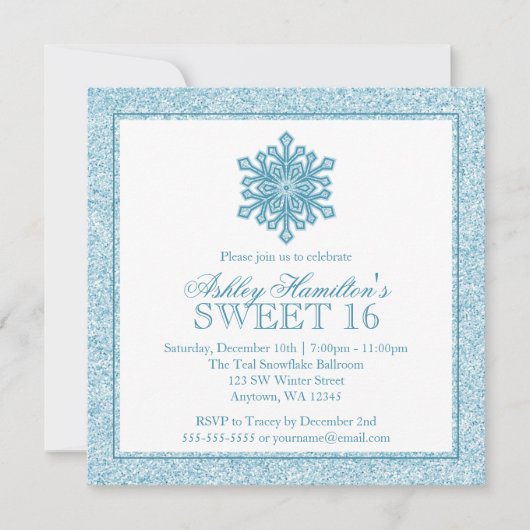 Glitter Snowflake Blauwgroen Sweet 16 Winter Wonde Kaart (Voorkant)