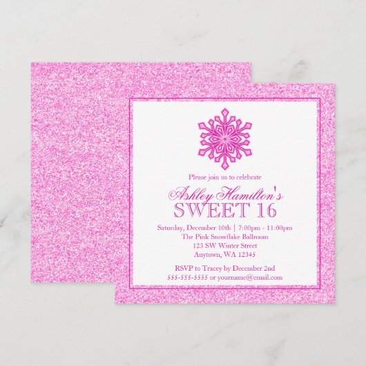 Glitter Snowflake Pink Sweet 16 Winter Wonderland Kaart (Voorkant / Achterkant)