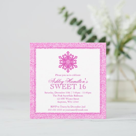 Glitter Snowflake Pink Sweet 16 Winter Wonderland Kaart (Staand voorkant)