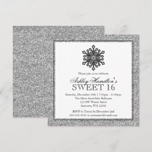 Glitter Snowflake Silver Sweet 16 Winter Kaart (Voorkant / Achterkant)