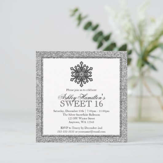 Glitter Snowflake Silver Sweet 16 Winter Kaart (Staand voorkant)