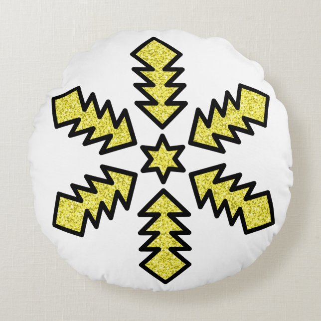 Glitter Snowflake - Yellow Star Rond Kussen (Voorkant)
