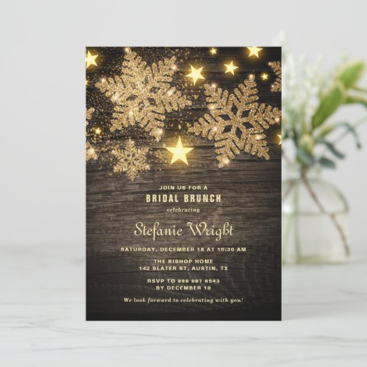 Glitter Snowflakes Rustic Bridal Brunch Kaart (Staand voorkant)