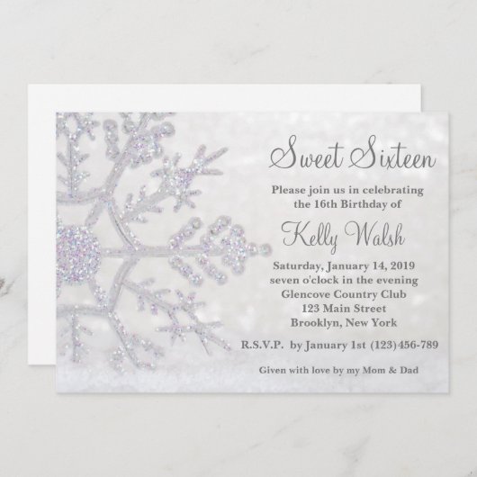 Glitter Snowflakes Sweet 16 Winter Uitnodiging (Voorkant / Achterkant)
