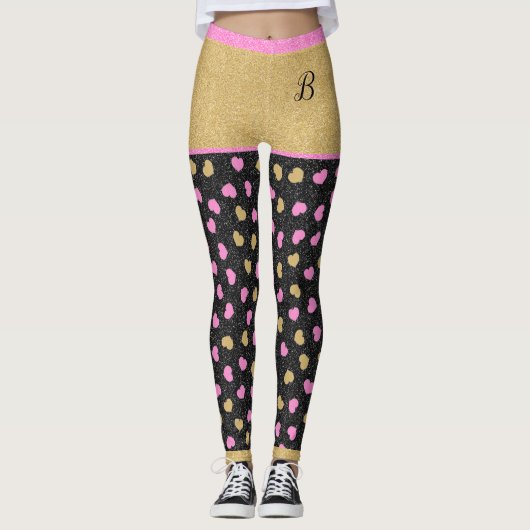 Glitter sorteert roze en goudharten monogram leggings (Voorkant)