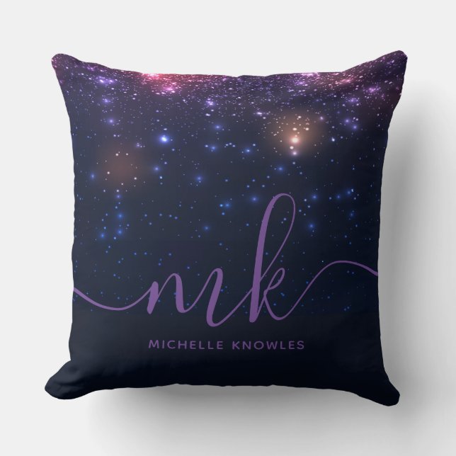 Glitter Space Galaxy Modern Script Monogram Kussen (Voorkant)