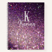 Glitter sparkle monogram script naam paars recept notitieboek (Voorkant)