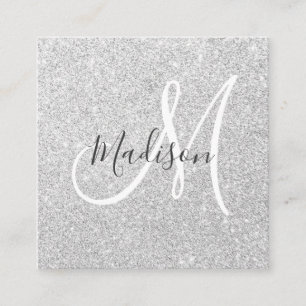 Glitter Sparkle Monogram voor meisjes en Glam Grey Vierkante Visitekaartje