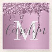 Glitter Sparkle Roos Blush Girly Pink Naam Glazen Onderzetter (Voorkant)