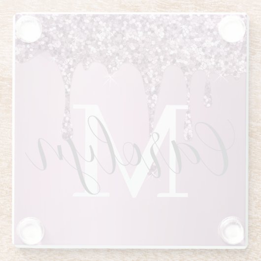 Glitter Sparkle Roos Blush Girly Pink Naam Glazen Onderzetter (Achterkant)