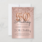 Glitter Sparkle Roos Gouden Ballon 50e Verjaardag Kaart (Voorkant)