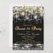 Glitter Sparkle Sweet Sixteen Party Zwart en Goud Kaart (Voorkant)