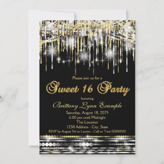 Glitter Sparkle Sweet Sixteen Party Zwart en Goud Kaart (Voorkant)