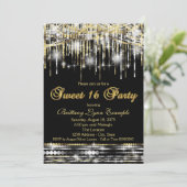 Glitter Sparkle Sweet Sixteen Party Zwart en Goud Kaart (Staand voorkant)