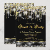 Glitter Sparkle Sweet Sixteen Party Zwart en Goud Kaart (Voorkant / Achterkant)