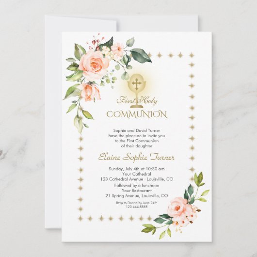 Glitter Sparkles Coral Flowers Heilige Communie Kaart (Voorkant)