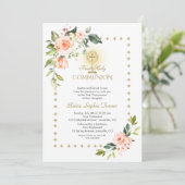 Glitter Sparkles Coral Flowers Heilige Communie Kaart (Staand voorkant)