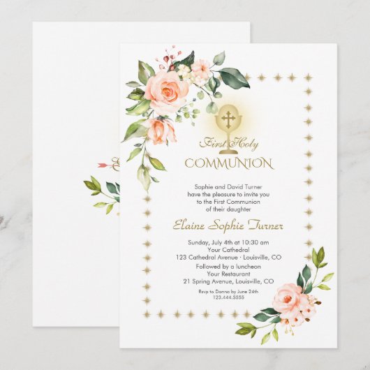 Glitter Sparkles Coral Flowers Heilige Communie Kaart (Voorkant / Achterkant)
