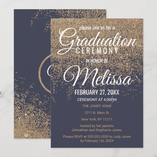 Glitter Sparkles Navy Blue Afstuderen Kaart (Voorkant / Achterkant)