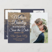 Glitter Sparkles Navy Blue Save the Dates Aankondigingskaart (Voorkant / Achterkant)