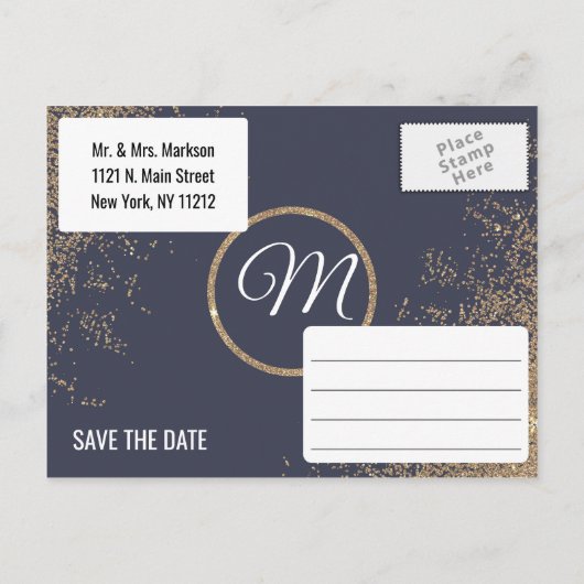 Glitter Sparkles Navy Blue Save the Dates Aankondigingskaart (Achterkant)