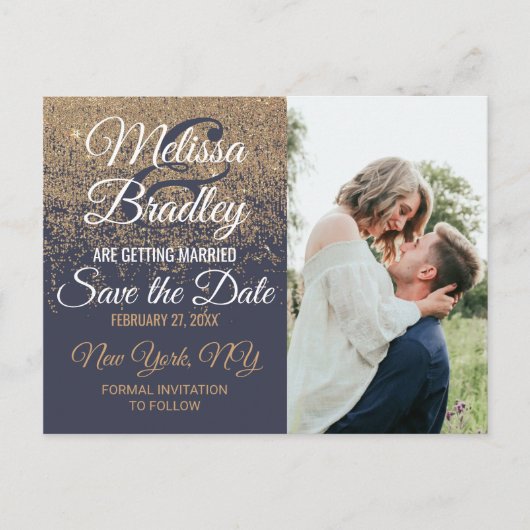 Glitter Sparkles Navy Blue Save the Dates Aankondigingskaart (Voorkant)