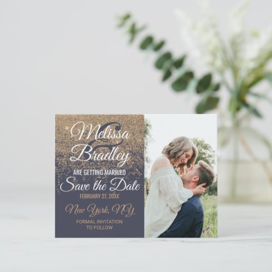 Glitter Sparkles Navy Blue Save the Dates Aankondigingskaart (Staand voorkant)
