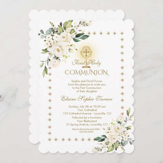 Glitter Sparkles White Floral Heilige Communie Kaart (Voorkant / Achterkant)