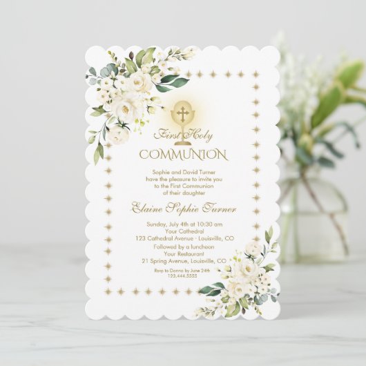 Glitter Sparkles White Floral Heilige Communie Kaart (Staand voorkant)