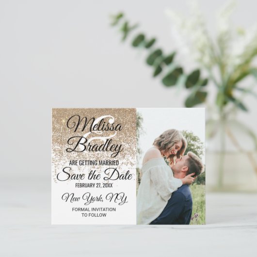Glitter Sparkles White Save the Date Aankondigingskaart (Staand voorkant)