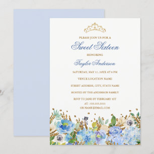 Glitter Sparkling Blue Floral Sweet Sixteen Uitnod Kaart