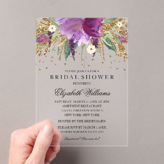 Glitter Sparkling Floral Amethyst Vrijgezellenfees Acryl Uitnodigingen (Insitu (Draagbaar))
