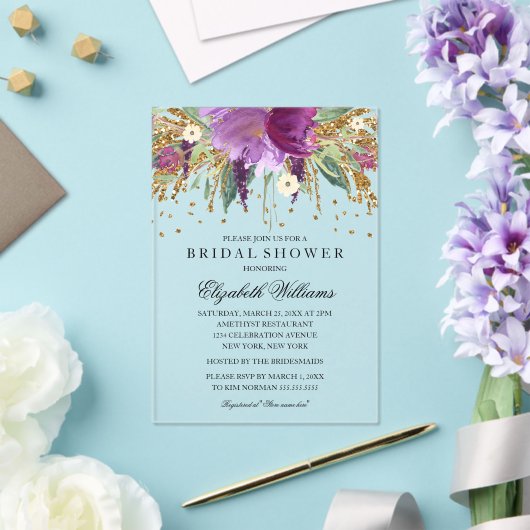 Glitter Sparkling Floral Amethyst Vrijgezellenfees Acryl Uitnodigingen (Insitu (Huwelijk))
