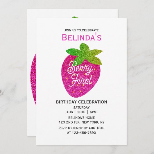 Glitter Sparkling Y2K Roze Aardbei 1e Verjaardag Kaart (Voorkant / Achterkant)