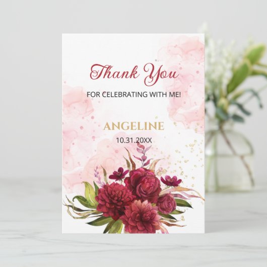 Glitter Splash Bourgondië Dahlia Roos Verjaardag Bedankkaart (Staand voorkant)