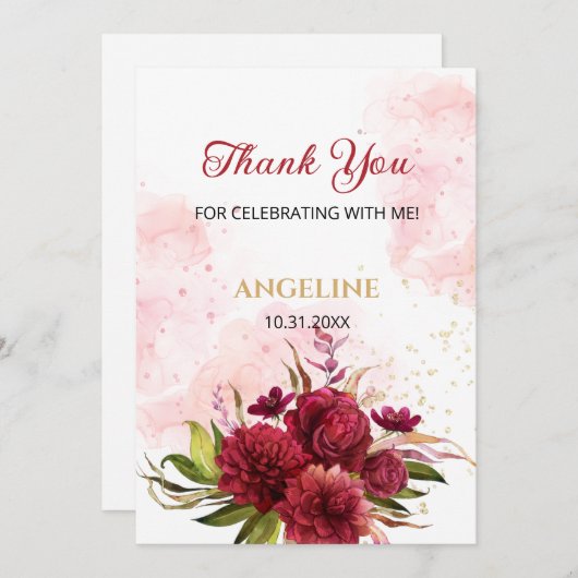 Glitter Splash Bourgondië Dahlia Roos Verjaardag Bedankkaart (Voorkant / Achterkant)